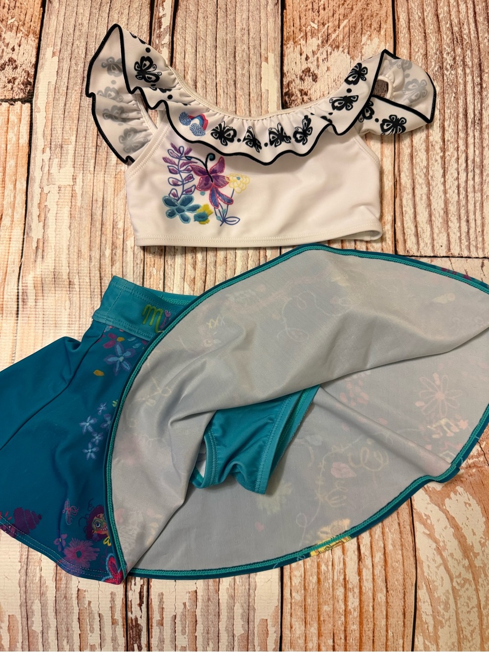 Disney White Ruffle Floral Swim Top and Teal Skirted Bottom Set